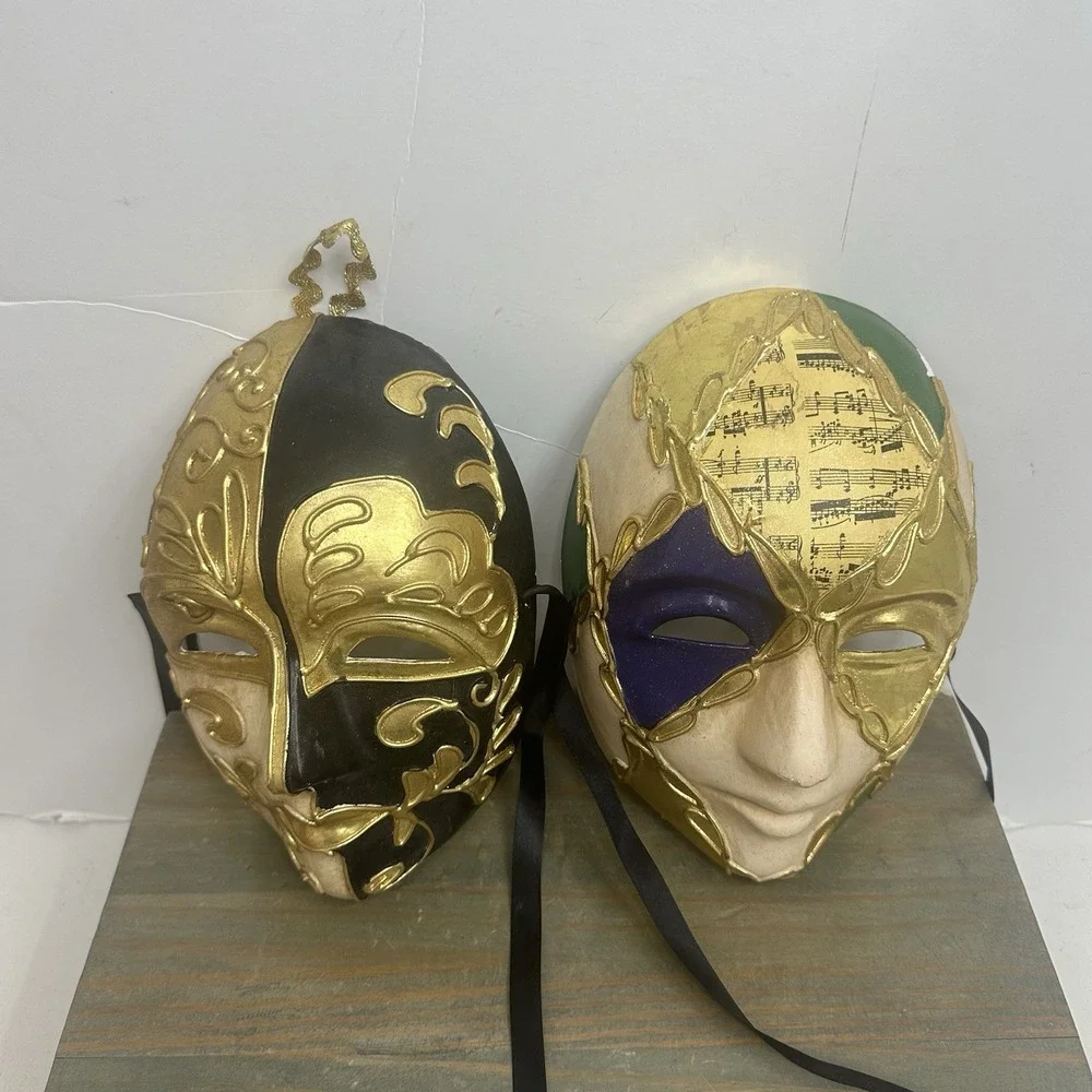 Lot Of 2 Venetian Mardi Gras Mask MASQUERADE CARNIVAL PARTY Gold Hand Painted